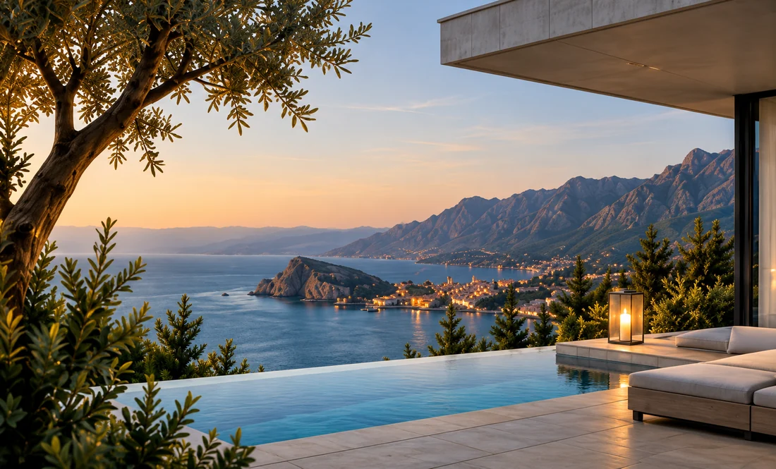 Illustrative image of an evening terrace overlooking a mountain bay
