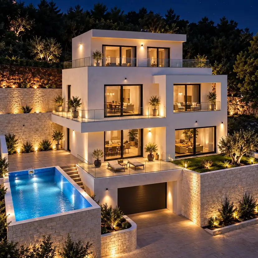 Illustrative image of a contemporary villa with a lit pool terrace at night