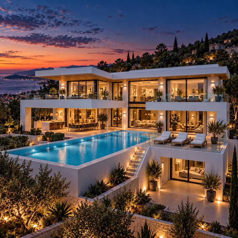 Illustrative image of a hillside villa with a pool above a coastal bay at sunset