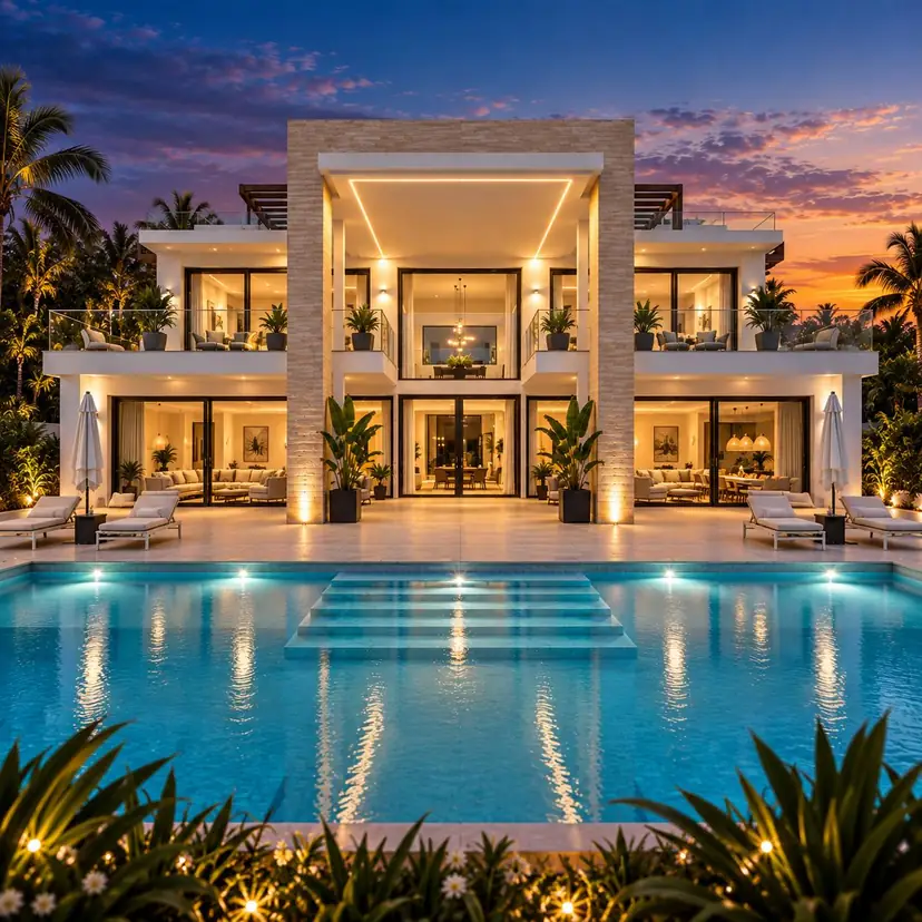Illustrative image of a villa with palms, a long pool and lit terraces at dusk