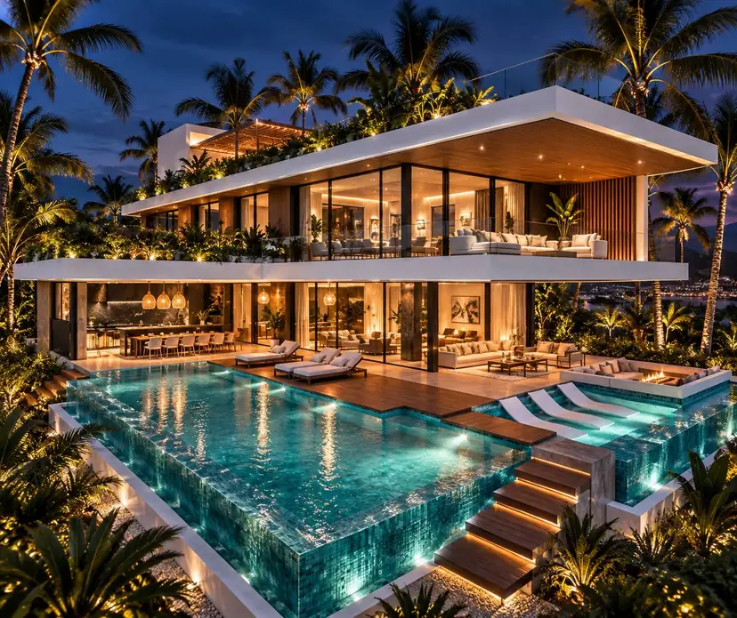 Illustrative image of a villa with palms and a lit pool at dusk
